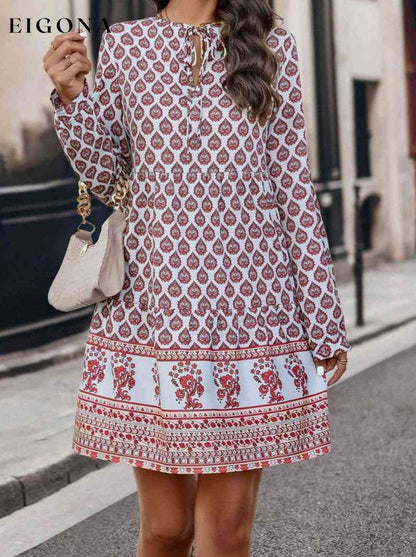 Printed Tie Neck Long Sleeve Dress Deep Red clothes Ship From Overseas YO