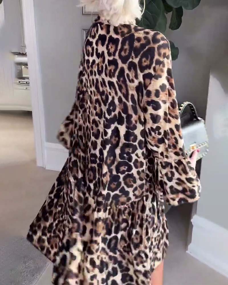 Leopard print bell sleeve elegant v neck dress