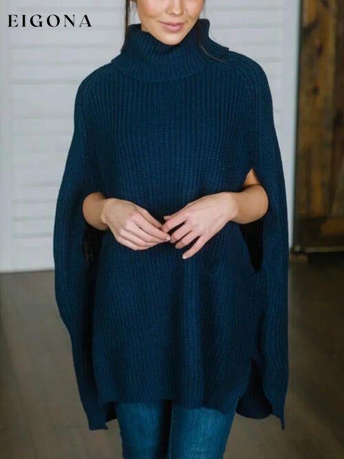 Turtleneck Slit Sleeveless Sweater Deep Teal One Size A@Y@M clothes Ship From Overseas sweater sweaters Sweatshirt