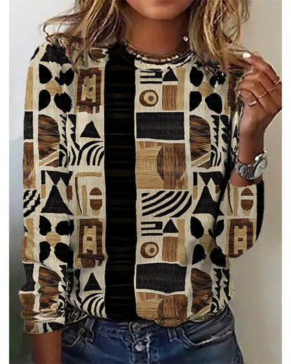 Contrast geometric print crew neck casual top 2024 f/w blouses & shirts Western Style