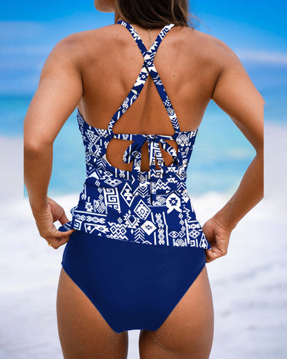 Costume da bagno due pezzi stampato con scollo all'americana