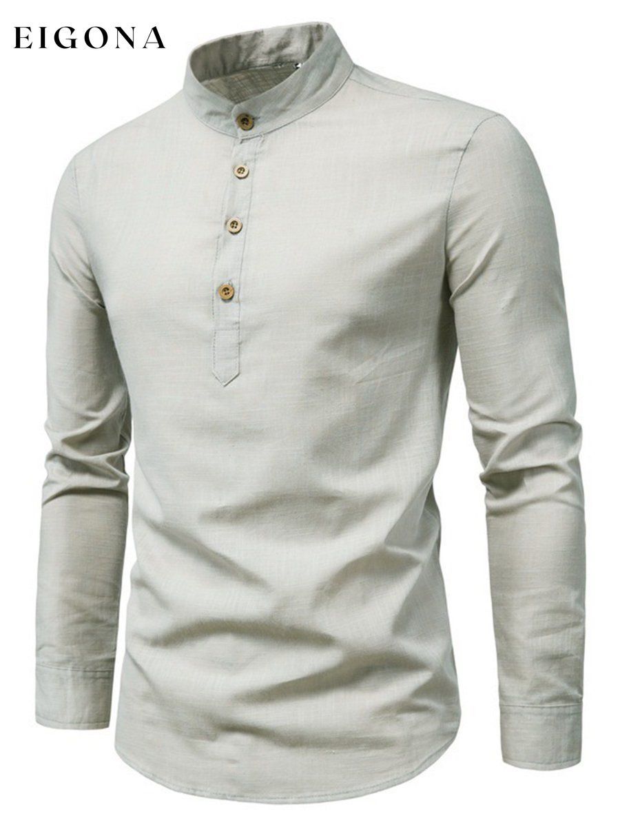 Men's Solid Color Button Stand Collar Long Sleeve Cotton Linen POLO Shirt men s linens