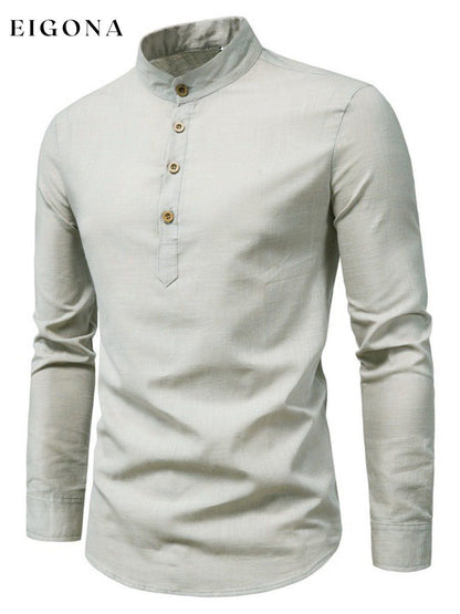 Men's Solid Color Button Stand Collar Long Sleeve Cotton Linen POLO Shirt men s linens