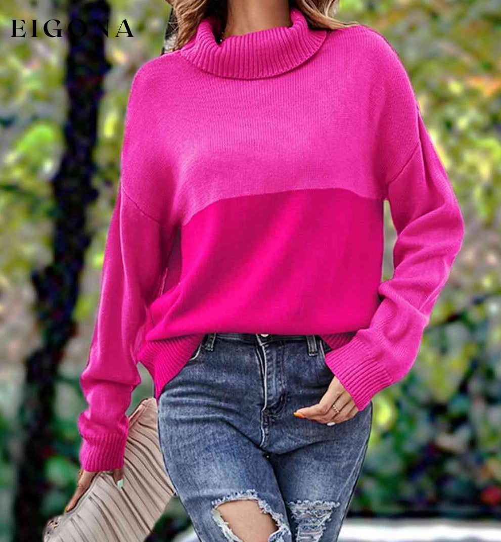 Turtleneck Long Sleeve Sweater Hot Pink clothes D.L Ship From Overseas