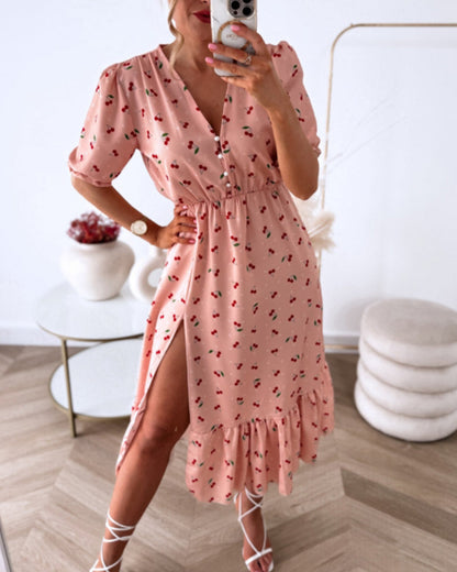 Slit cherry print dress casual dresses summer