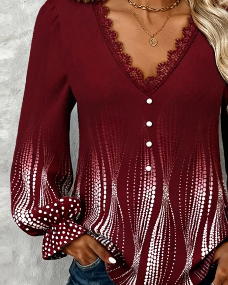 Puff Sleeve V-Neck Print Blouse