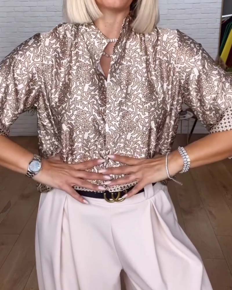 Stand-Collar Printed Satin  Blouse