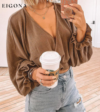Khaki Waffle Knit Ruffled Cropped Wrap V Neck Blouse All In Stock clothes Detail Ruffle Early Fall Collection Fabric Waffle Knit long sleeve long sleeve shirts long sleeve top Occasion Daily Print Solid Color Season Fall & Autumn shirt shirts Sleeve Puff sleeve Style Southern Belle trend