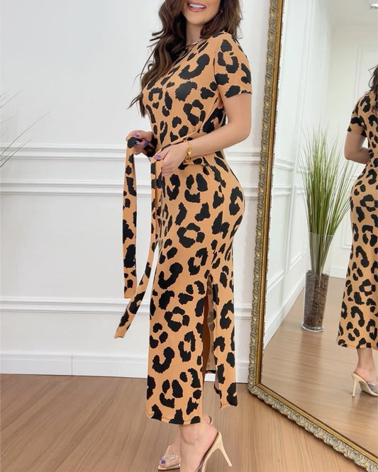 Leopard print slit elegant dress 202466 casual dresses summer
