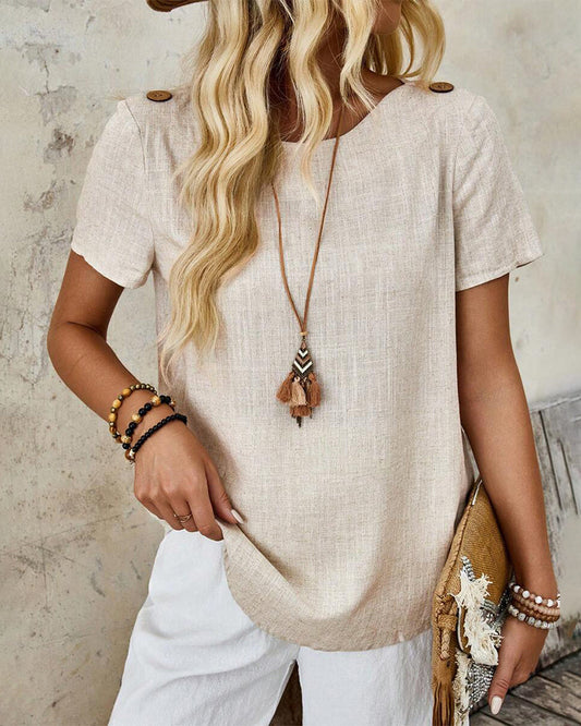 Kurzarm-T-Shirt aus Baumwolle und Leinen mit Rundhalsausschnitt