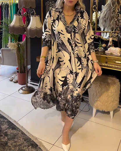 Leaf print lapel slit dress casual dresses spring summer