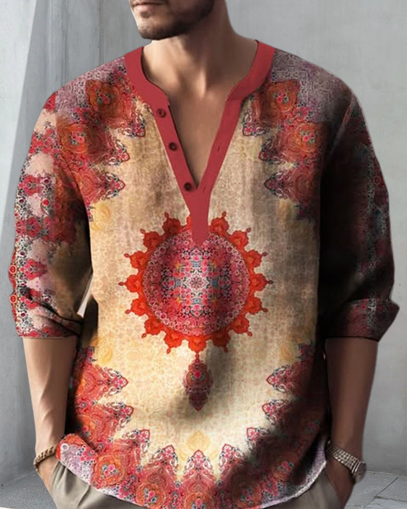 Men's V-Neck Ethnic Style Printed Top blouses & shirts man spring summer