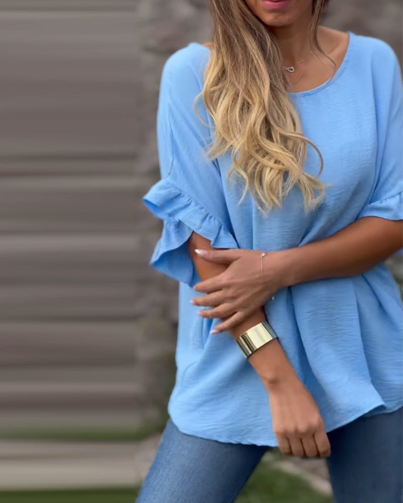 Short-Sleeved Crew Neck Textured Blouse