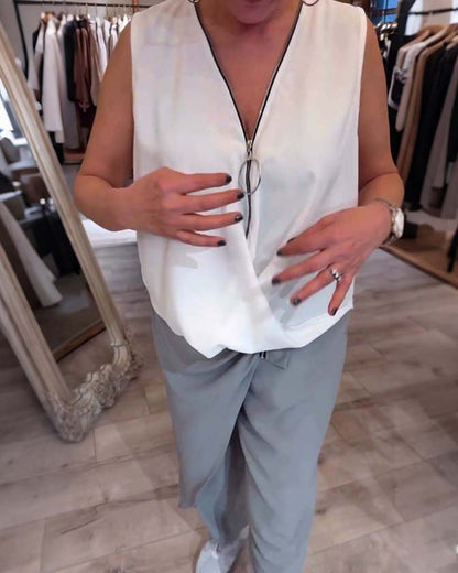 Ärmelloses Tanktop mit halbem Reißverschluss in Volltonfarbe