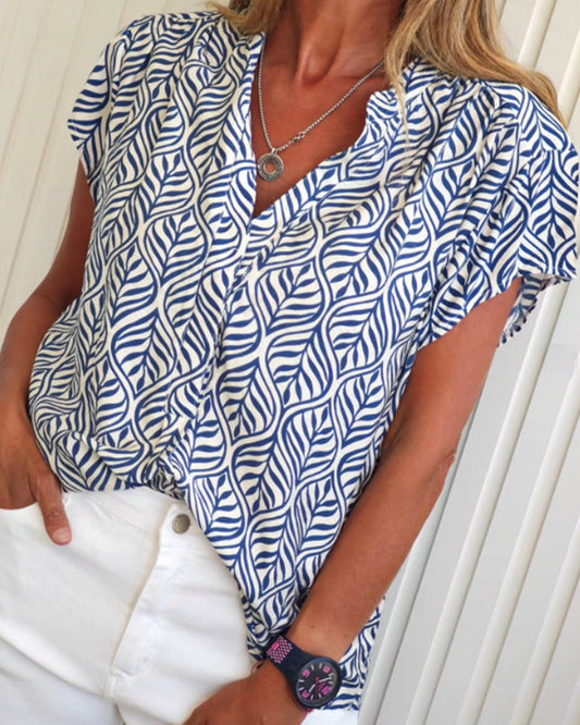 Kurzarmbluse mit Stehkragen und Blattmuster