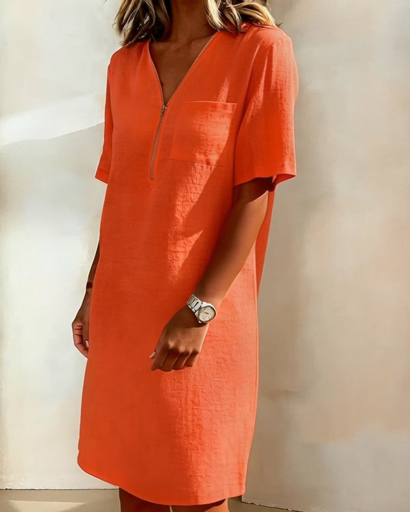 V-Neck Half Zipper Dress