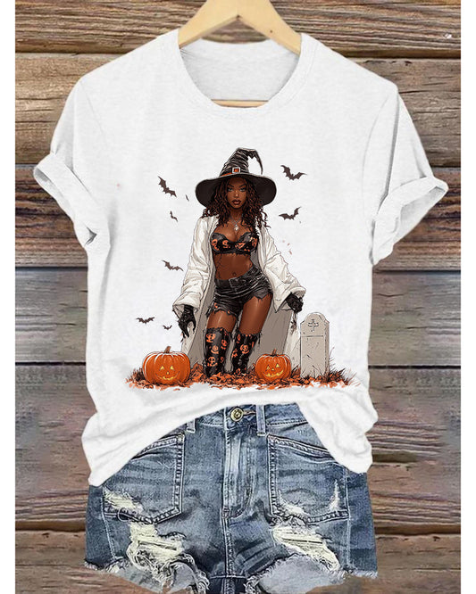 Halloween witch character print round neck short sleeve T-shirt 2024 f/w halloween spring summer t-shirts