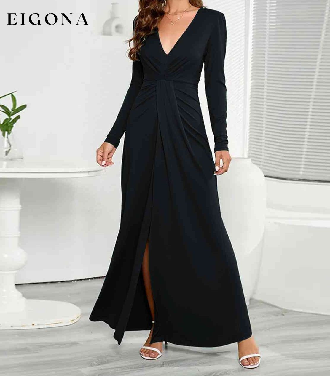 V-Neck Long Sleeve Split Dress Black CATHSNNA clothes dress dresses maxi dress Ship From Overseas Shipping Delay 09/29/2023 - 10/03/2023