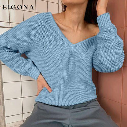 V-Neck Dropped Shoulder Long Sleeve Sweater Misty Blue clothes Ship From Overseas Sweater sweaters Sweatshirt T*Y