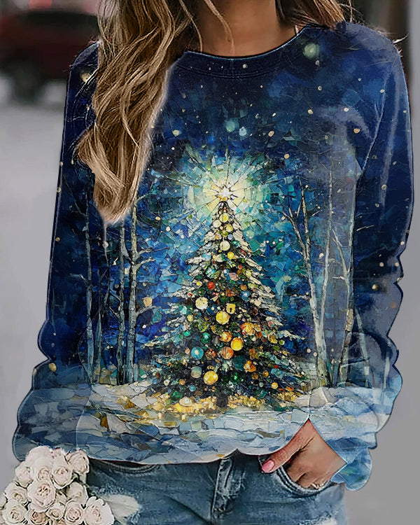 Casual Christmas tree print round neck sweatshirt 2024 f/w christmas spring sweatshirts