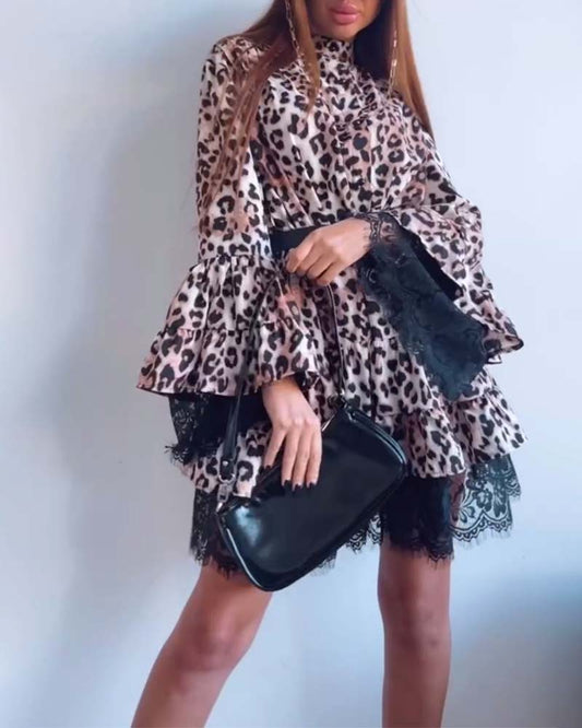 Leopard Lace Patchwork Trumpet Sleeve Dress 2024 f/w casual dresses