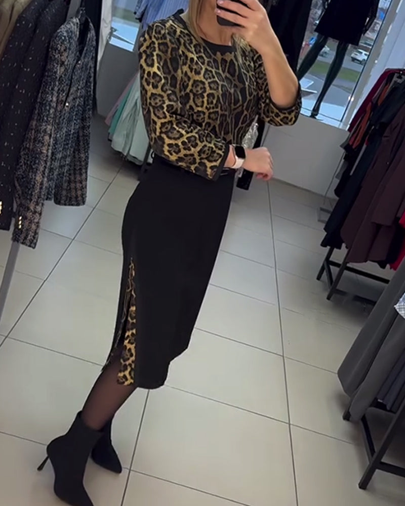 Puff Sleeve Leopard Print Slit Dress 2024 f/w casual dresses