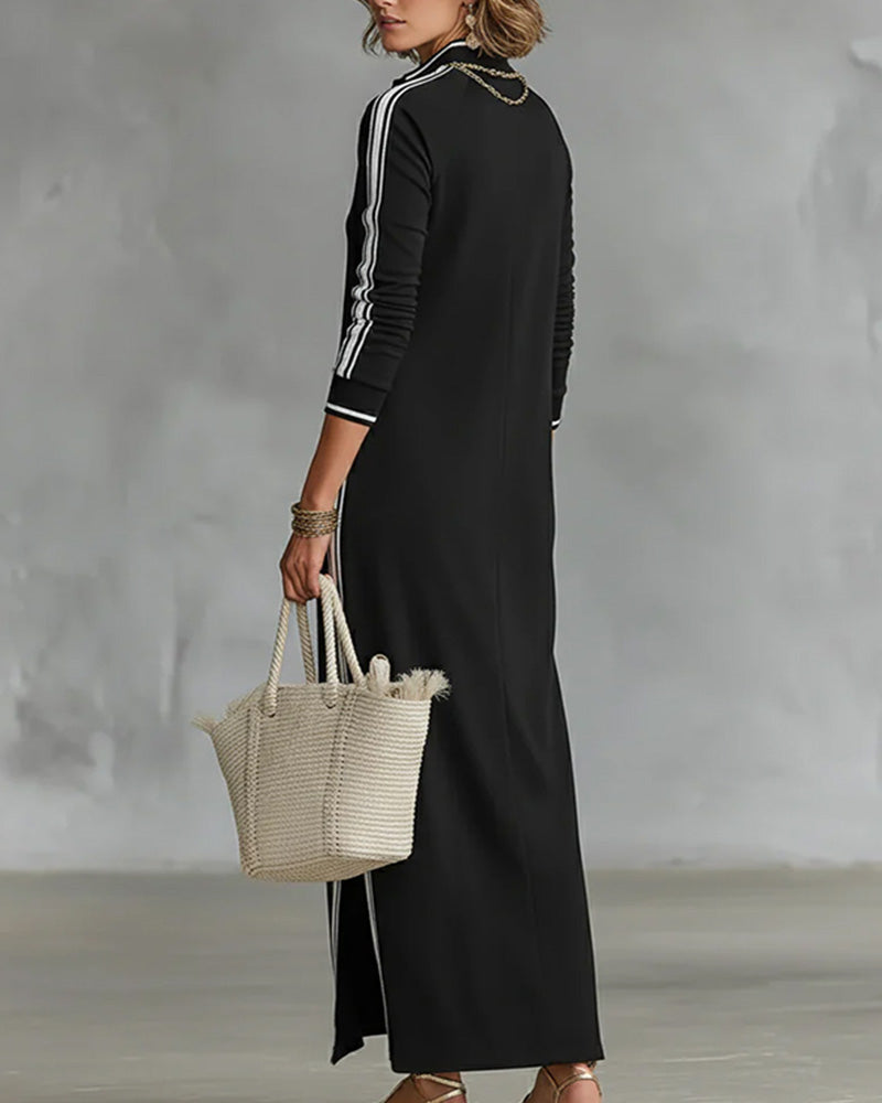 Contrast Button V-Neck Dress