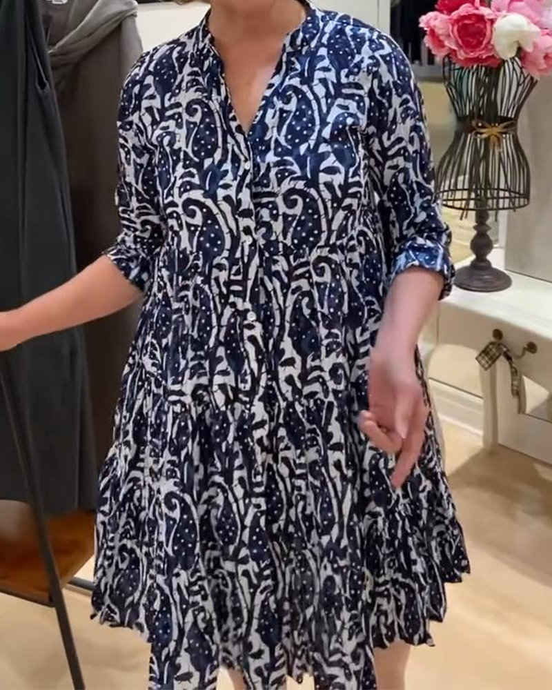 Retro-A-Linien-Kleid mit Stehkragen und Print