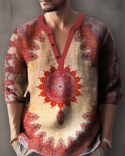 Men's V-Neck Ethnic Style Printed Top blouses & shirts man spring summer