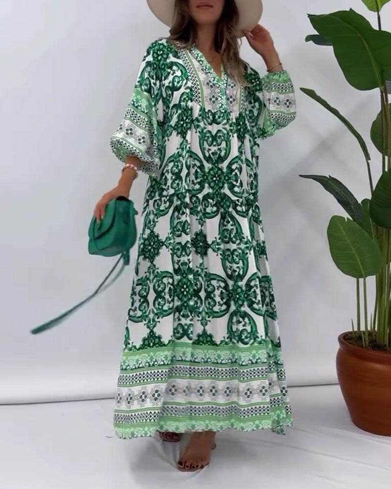 Retro print v-neck casual long dress 202466 casual dresses spring summer vacation dresses