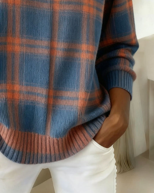 Long Sleeve Plaid Round Neck Jumper