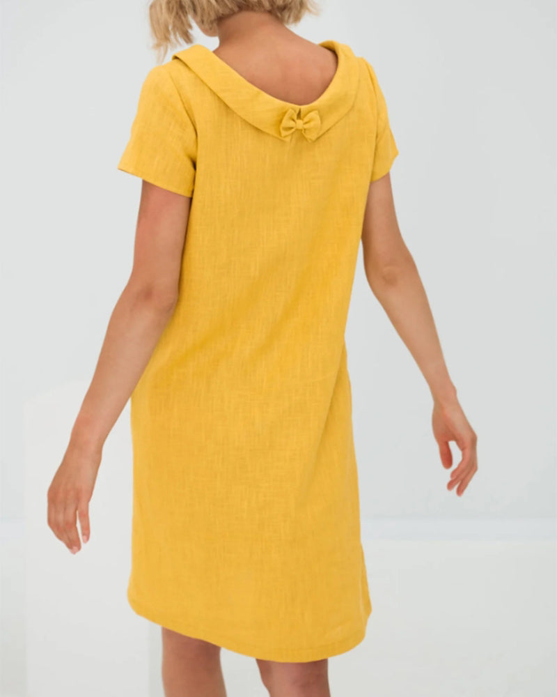 Double Collar Bowknot Cotton and Linen Dress