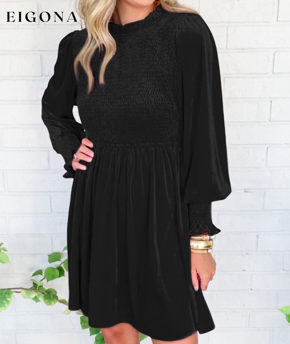 Black Frilled Neck Smocked Bodice Velvet Dress All In Stock casual dress casual dresses clothes Detail Ruffle dress dresses Fabric Velvet Hot picks long sleeve dress long sleeve dresses Occasion Daily Print Solid Color Season Winter short dresses Style Southern Belle