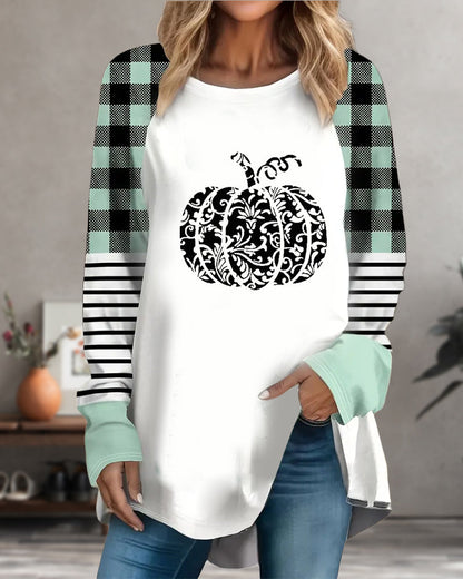 Casual colorblock pumpkin print long sleeve top 2024 f/w blouses & shirts halloween