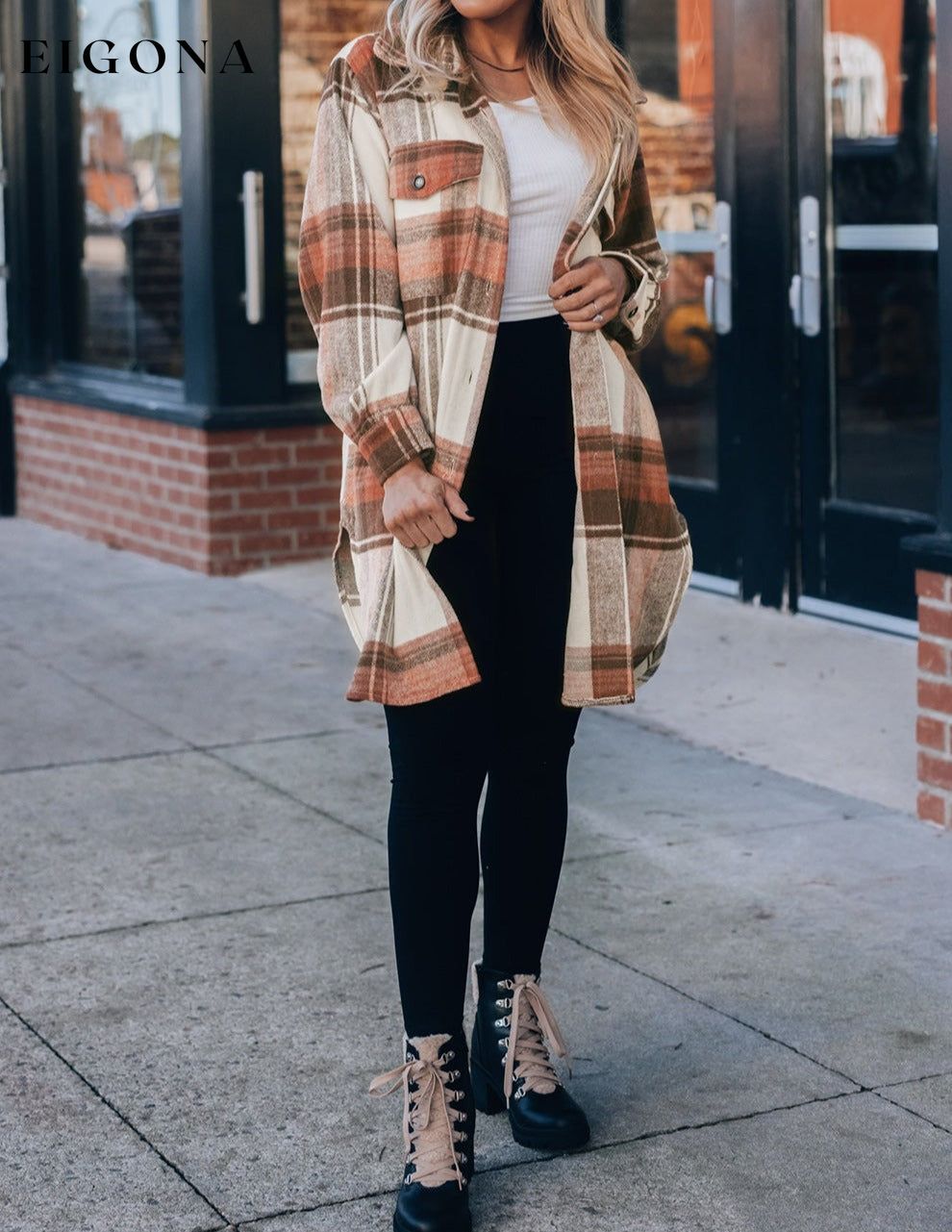 Brown Plaid Print Flap Pockets Long Shacket All In Stock Category Shacket clothes DL Exclusive DL Out West Fall To Winter Hot picks jacket Jackets & Coats Occasion Daily Print Plaid Season Winter Style Casual