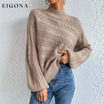 Cable-Knit Mock Neck Long Sleeve Sweater Sand clothes M@F@Y Ship From Overseas