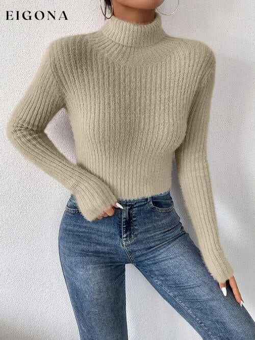 Ribbed Turtleneck Long Sleeve Sweater Khaki clothes Ship From Overseas sweater sweaters X.W