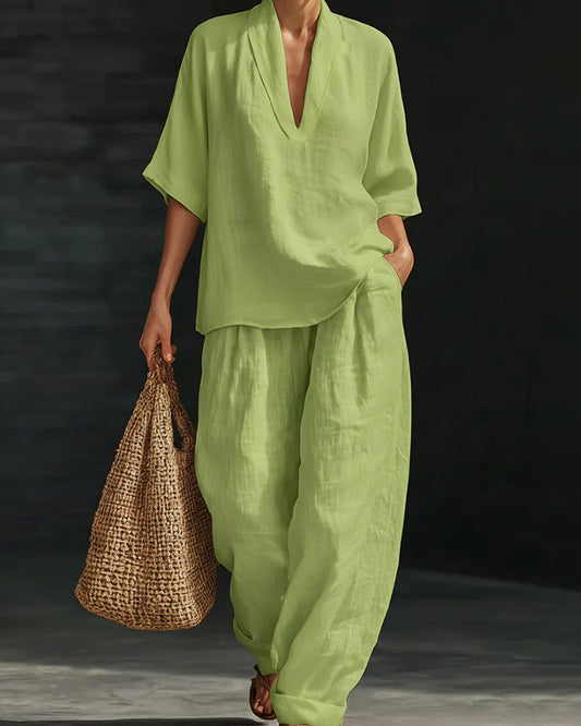 V-Neck Short Sleeve Cotton Linen Set