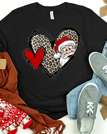 Santa Claus leopard and heart print short-sleeved T-shirt 2024 f/w christmas spring summer t-shirts