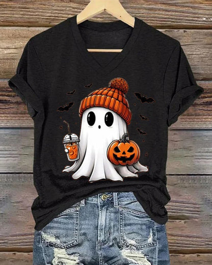 Women'S Ghost Print V-neck T-shirt 2024 f/w halloween spring summer t-shirts