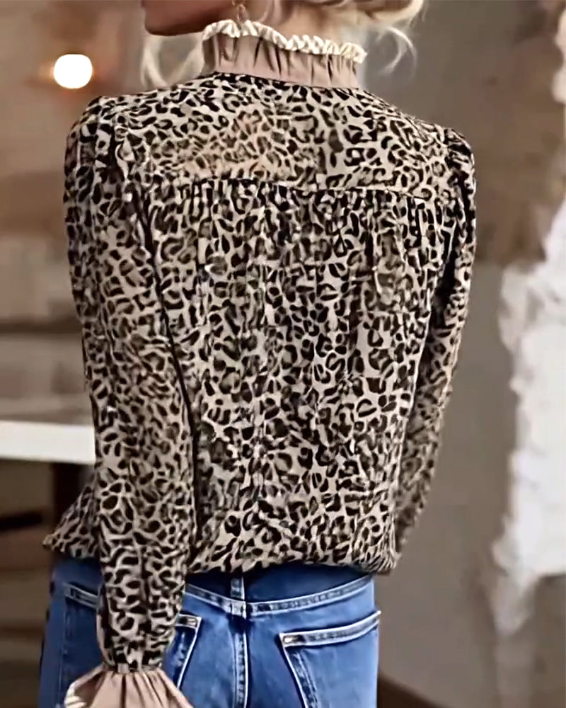 Casual Leopard Print Long-Sleeved Blouse