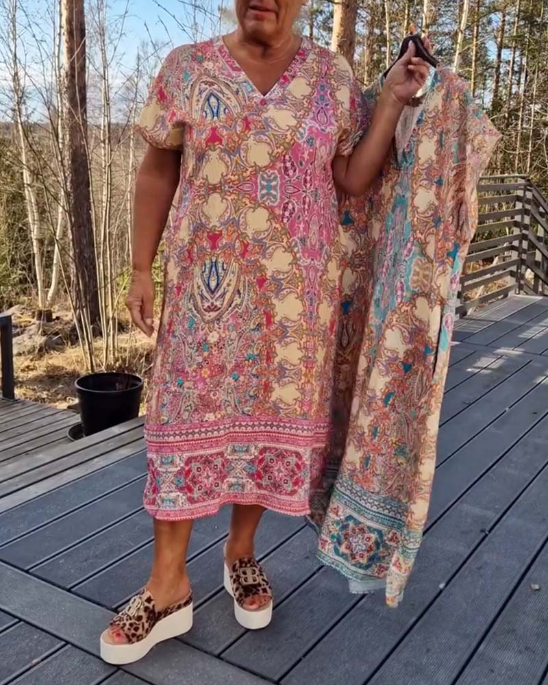 Bedrucktes Etuikleid mit V-Ausschnitt und kurzen Ärmeln