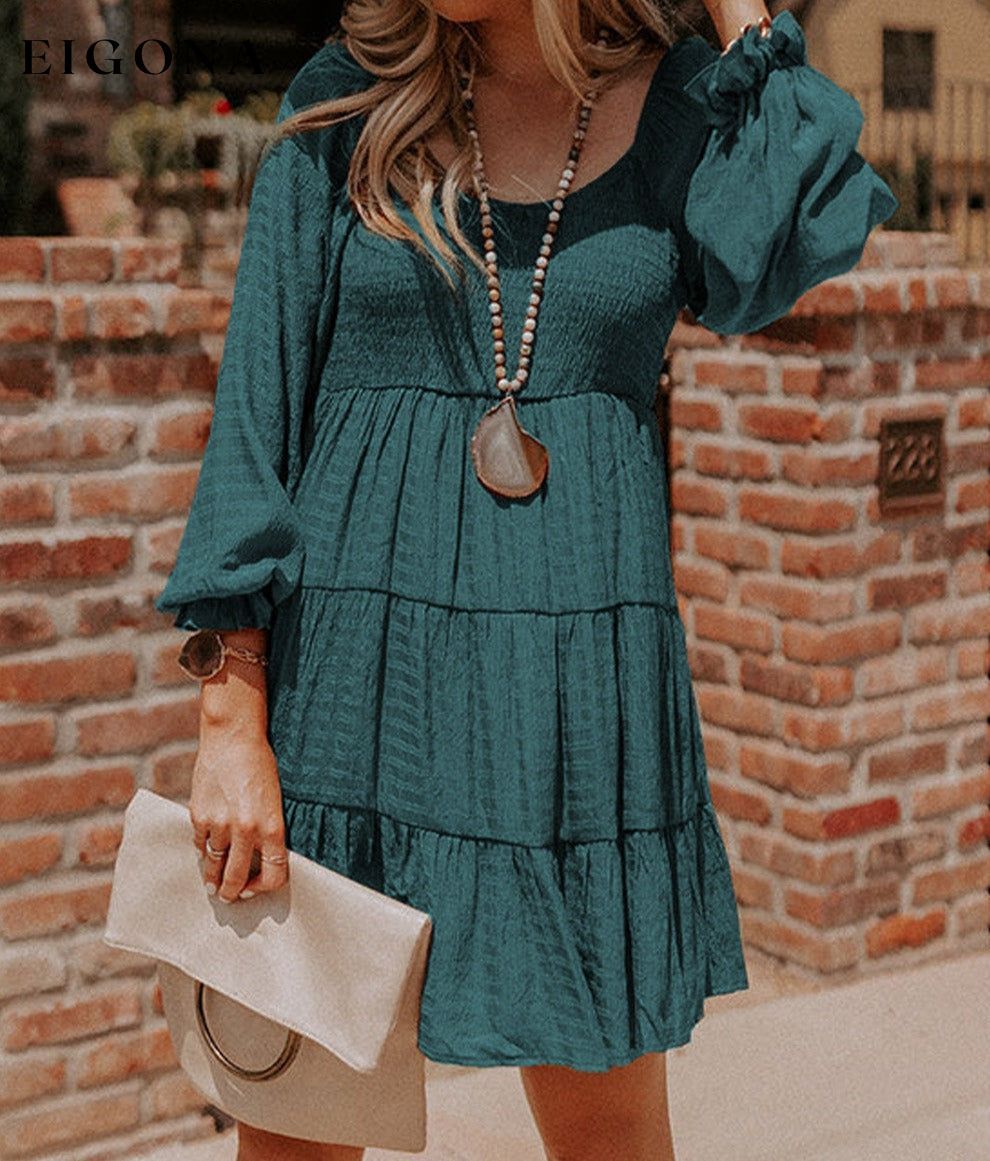 Mist Green Sleeve Smocked Tiered Casual Mini Dress All In Stock casual dress casual dresses clothes dress dresses EDM Monthly Recomend Hot picks long sleeve dress long sleeve dresses Occasion Daily Print Solid Color short dresses Silhouette A-Line Style Southern Belle