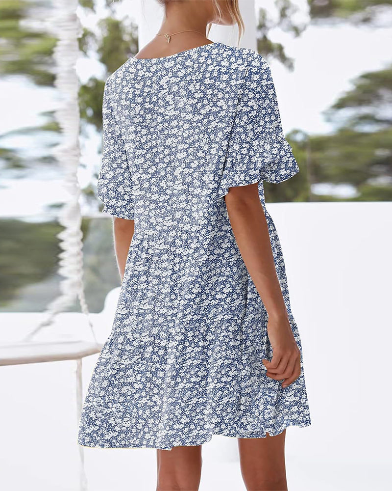 Ruffled sleeves V-neck floral print dress casual dresses summer