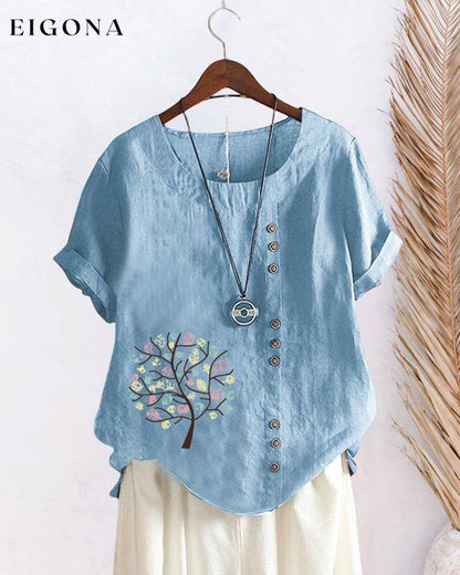 Cut Out Midi Dress with Solid Color Blue 23BF clothes Cotton and Linen Short Sleeve Tops T-shirts Tops/Blouses
