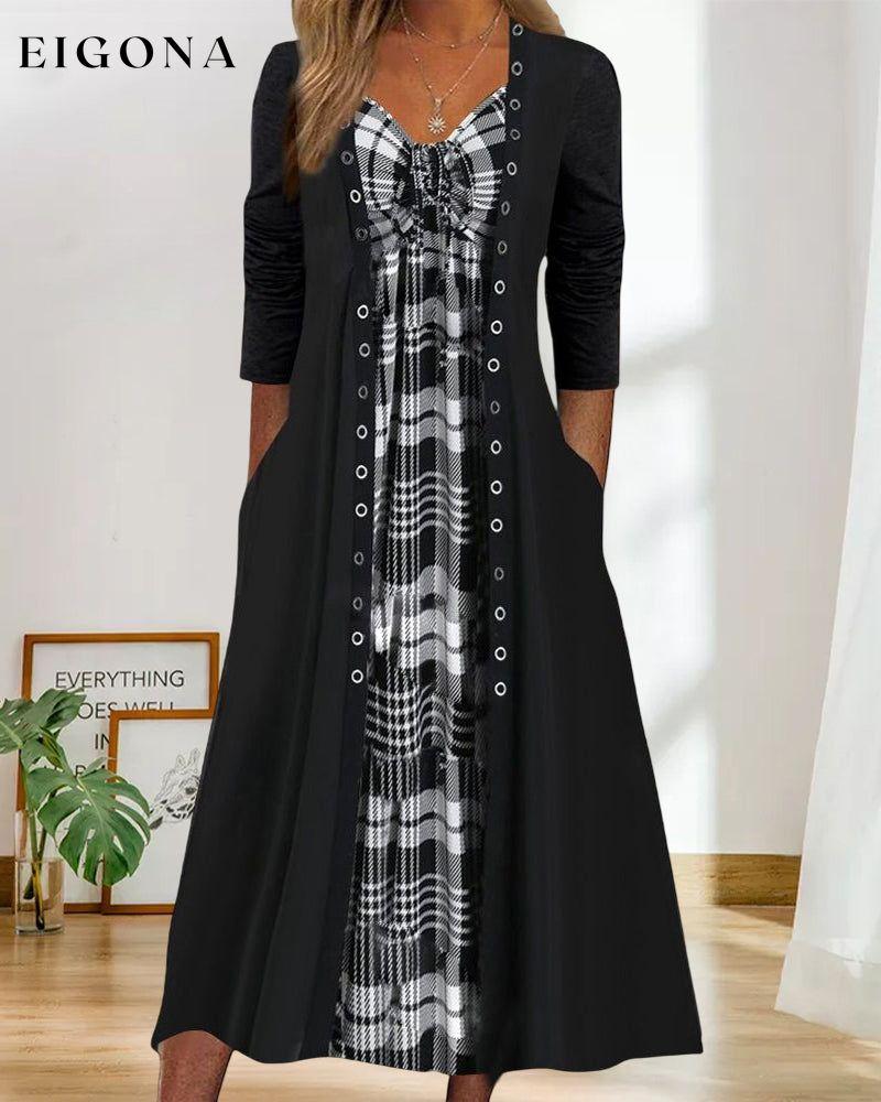 Check V-neck Long-sleeved Dress 2023 F/W 23BF casual dresses Clothes Dresses Spring