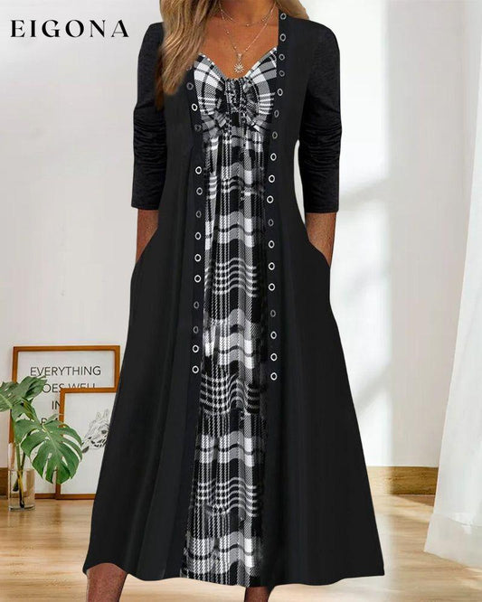 Check V-neck Long-sleeved Dress 2023 F/W 23BF casual dresses Clothes Dresses Spring