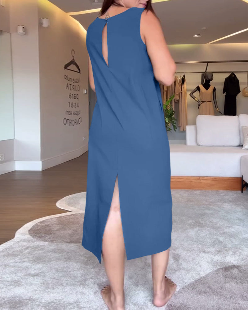 Lässiges, ärmelloses, einfarbiges, geteiltes Kleid mit V-Ausschnitt