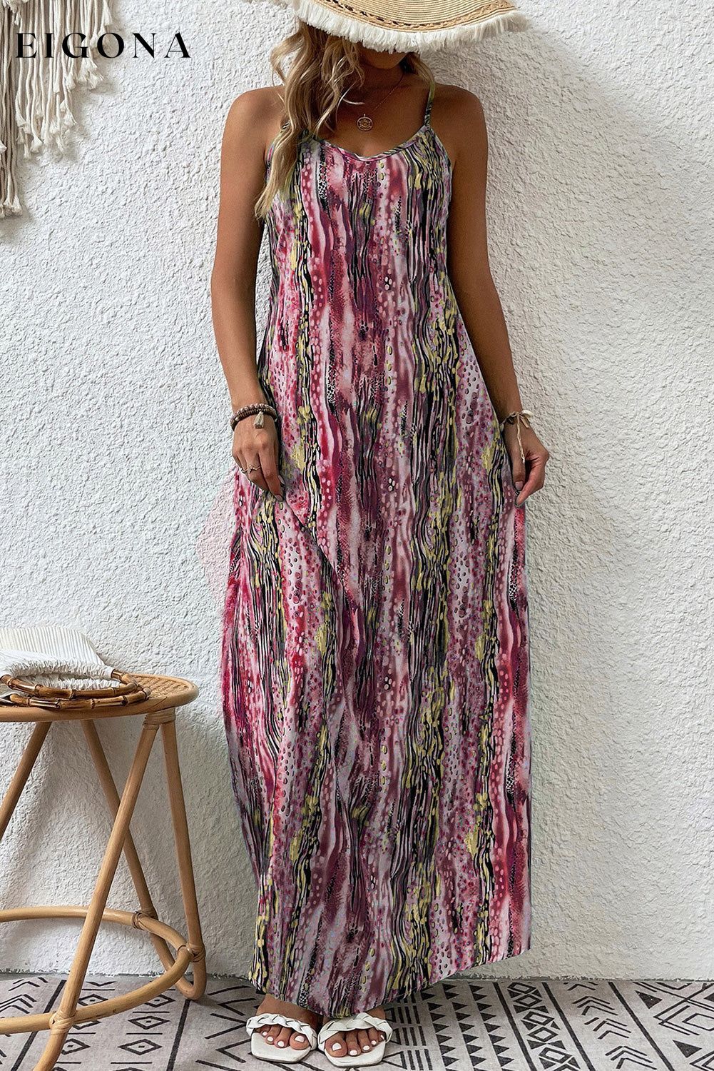 Multicolor Abstract Print Adjustable Spaghetti Strap Maxi Dress clothes dress dresses maxi dress Occasion Vacation Print Abstract Season Summer Silhouette A-Line Style Bohemian