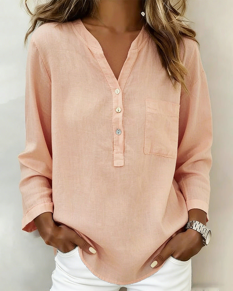 Solid Color Long-Sleeved V-Neck Blouse